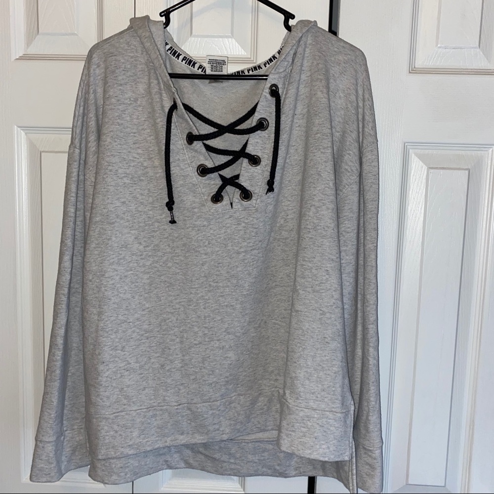 PINK light grey lace up sweater